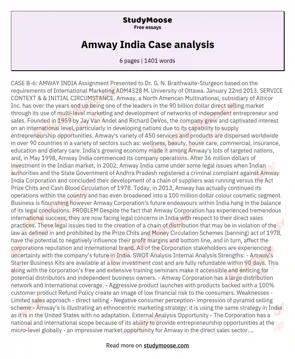 Amway India Case analysis essay
