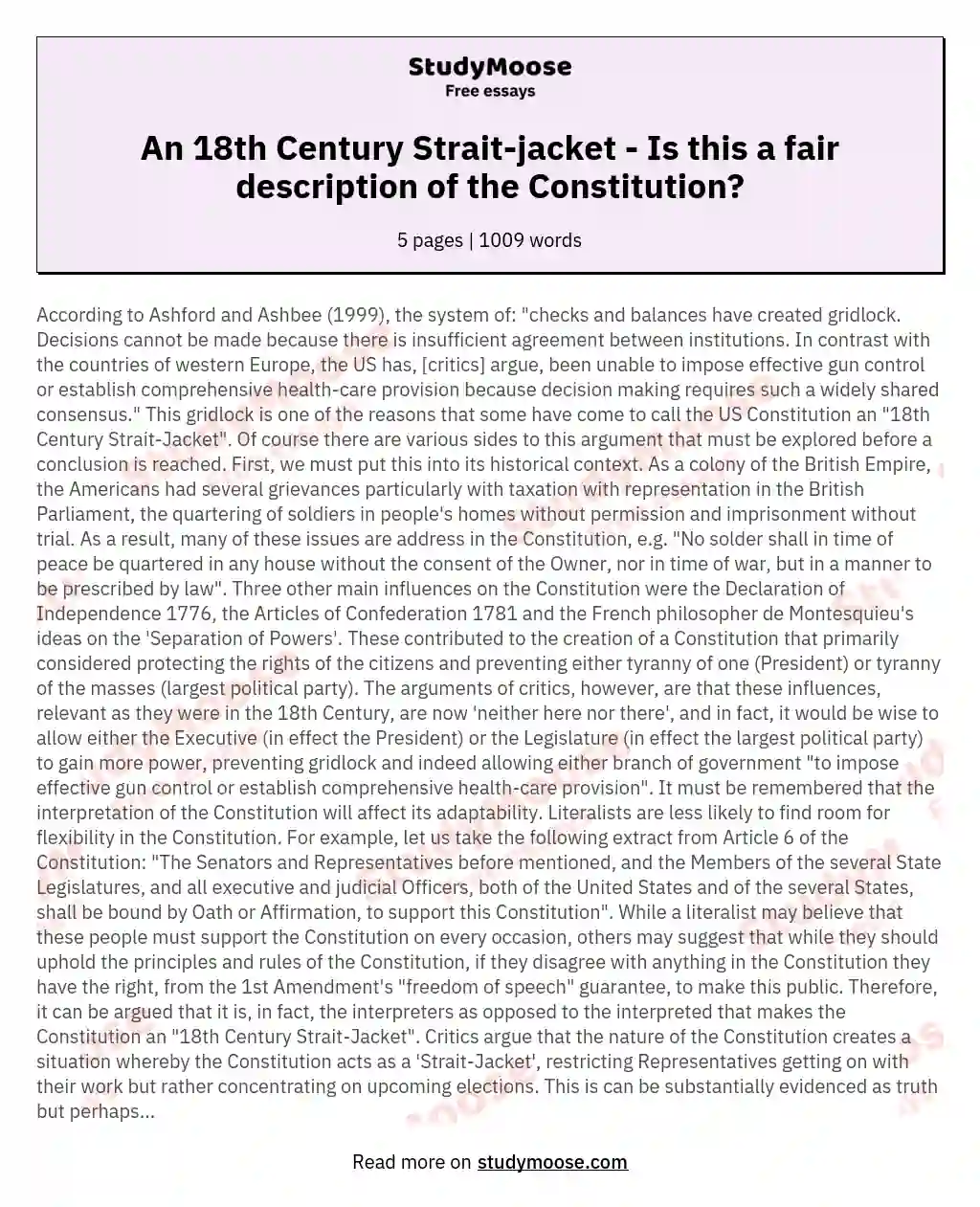 An 18th Century Strait-jacket - Is this a fair description of the Constitution?