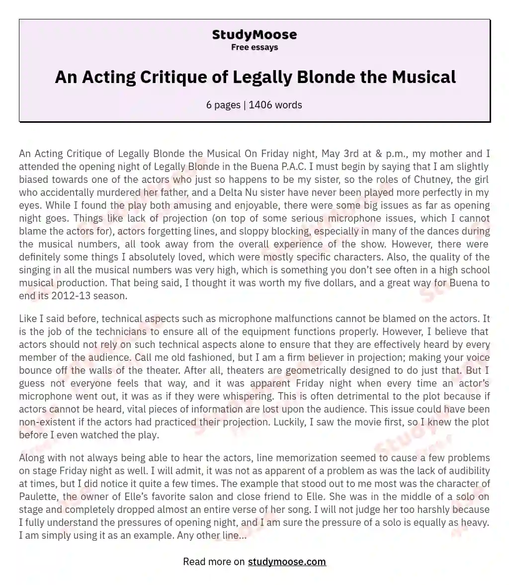 The Theatrical Critique of Legally Blonde the Musical essay