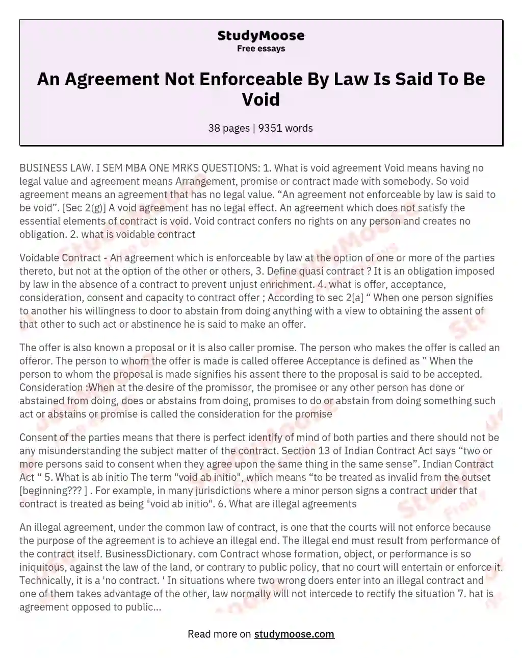 An Agreement Not Enforceable By Law Is Said To Be Void essay