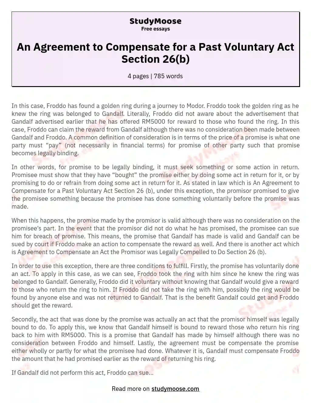 An Agreement to Compensate for a Past Voluntary Act Section 26(b) essay