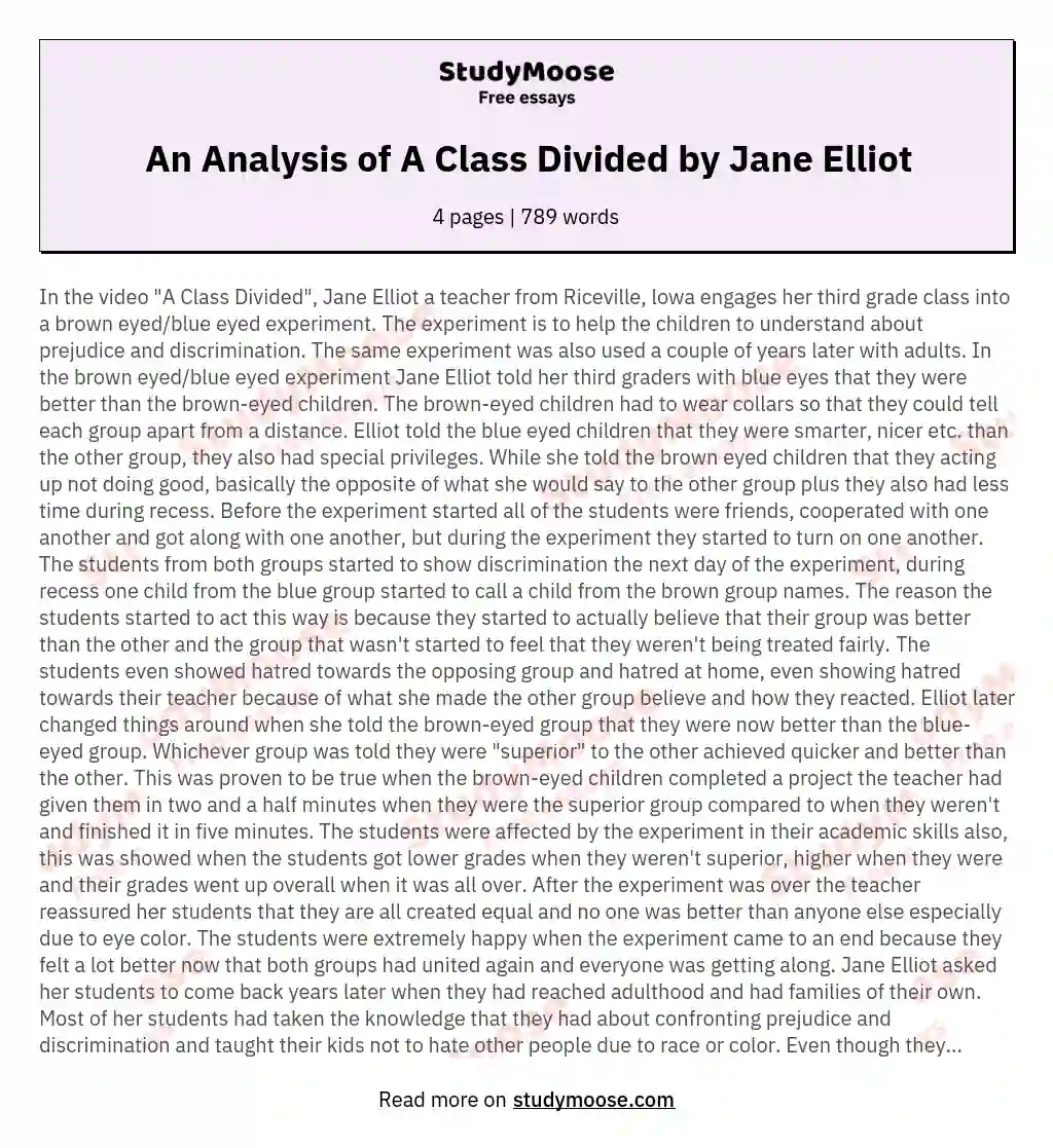 An Analysis of A Class Divided by Jane Elliot essay
