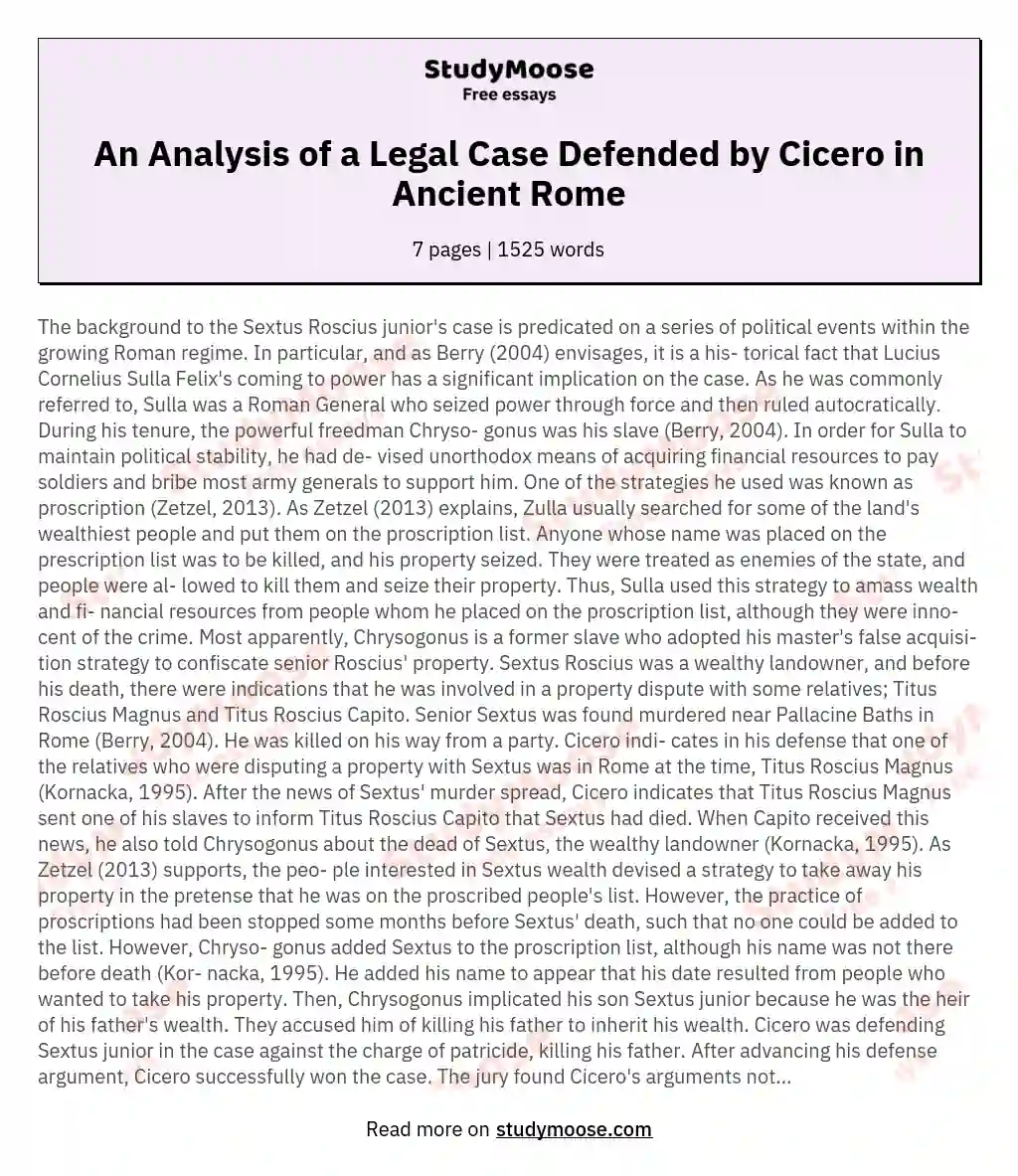 An Analysis of a Legal Case Defended by Cicero in Ancient Rome essay