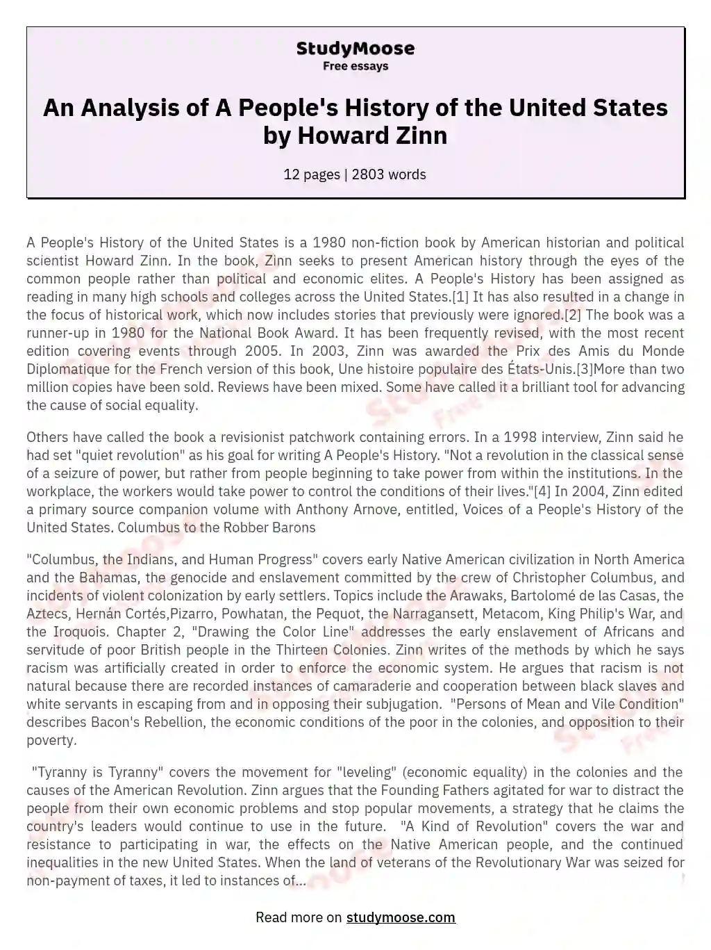 An Analysis of A People's History of the United States by Howard Zinn