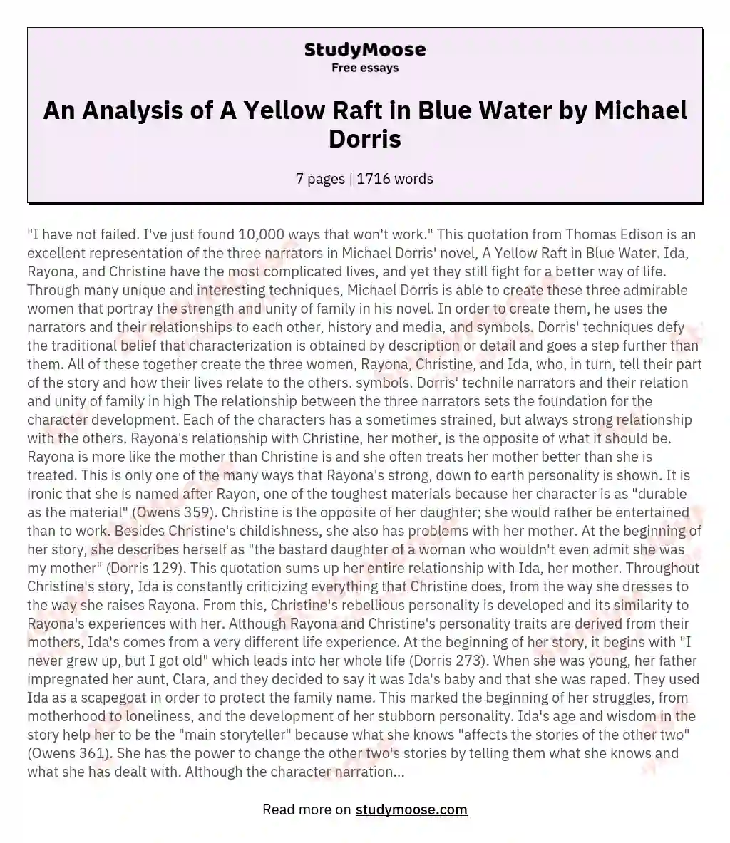 An Analysis of A Yellow Raft in Blue Water by Michael Dorris essay