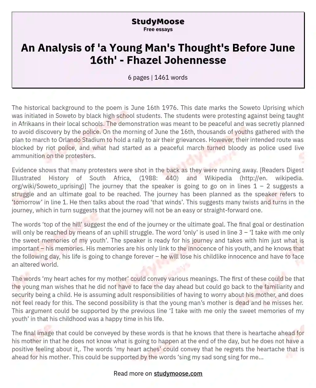 An Analysis of 'a Young Man's Thought's Before June 16th' - Fhazel Johennesse essay