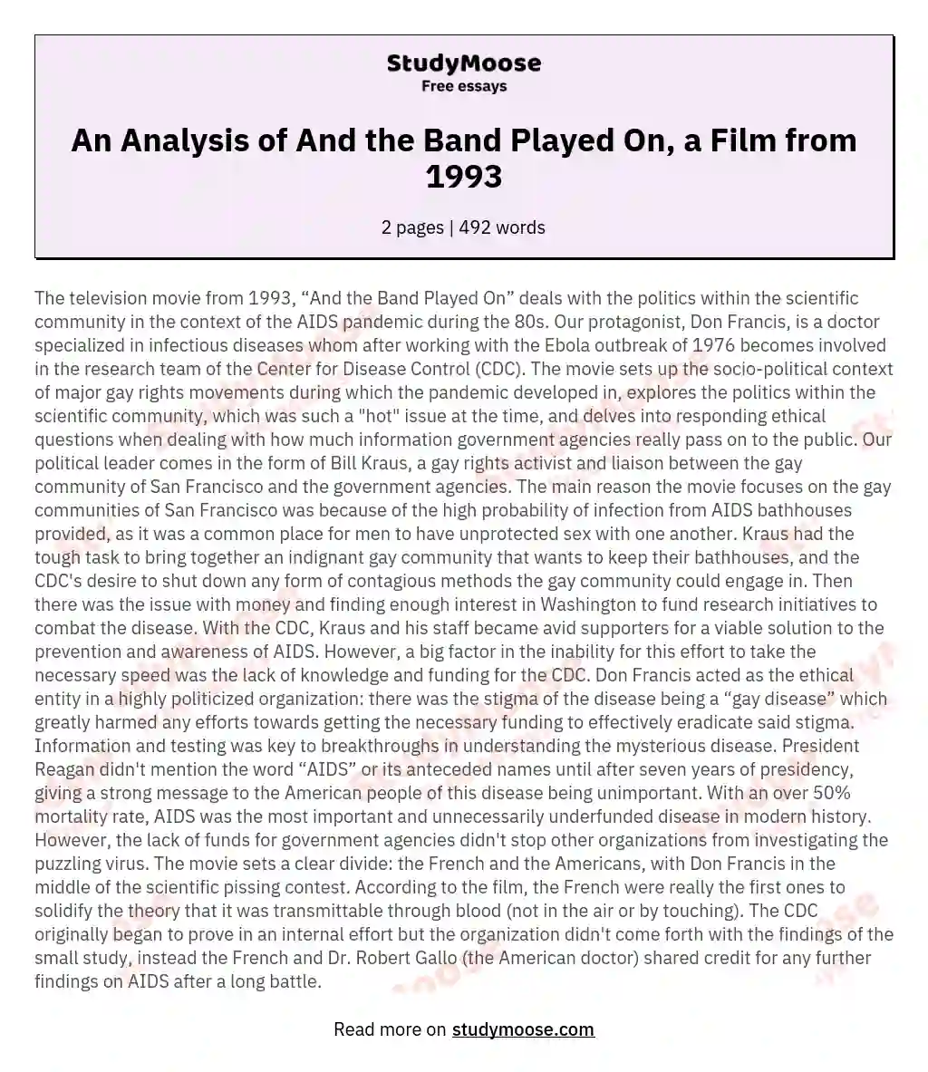 An Analysis of And the Band Played On, a Film from 1993 essay