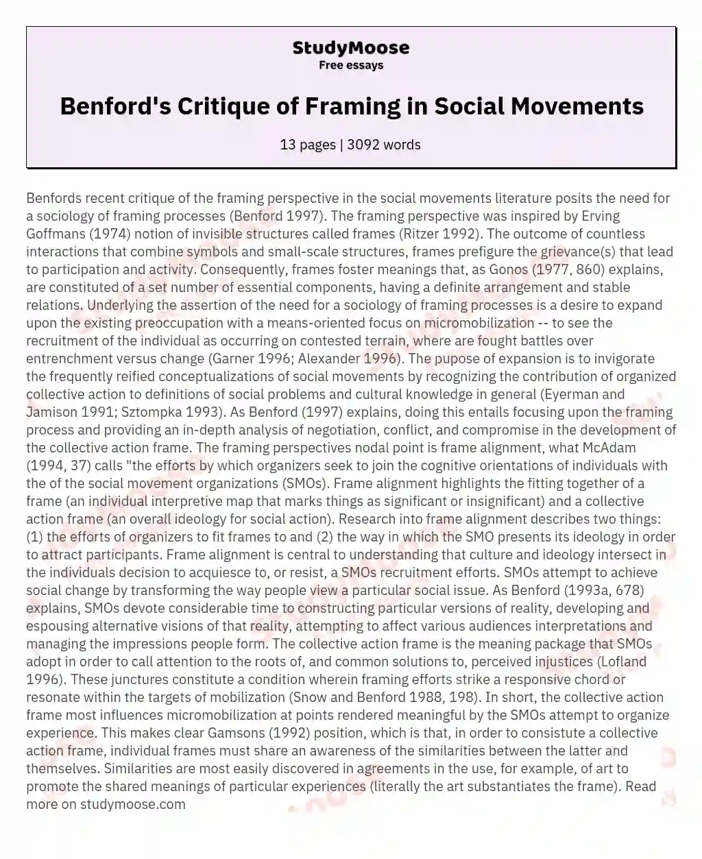 The Sociology of Framing Processes in Social Movements essay