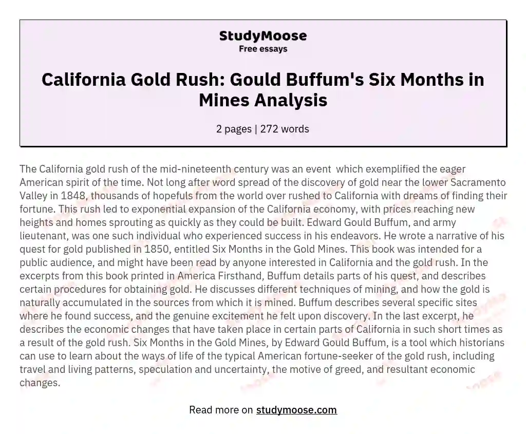California Gold Rush: Gould Buffum's Six Months in Mines Analysis essay