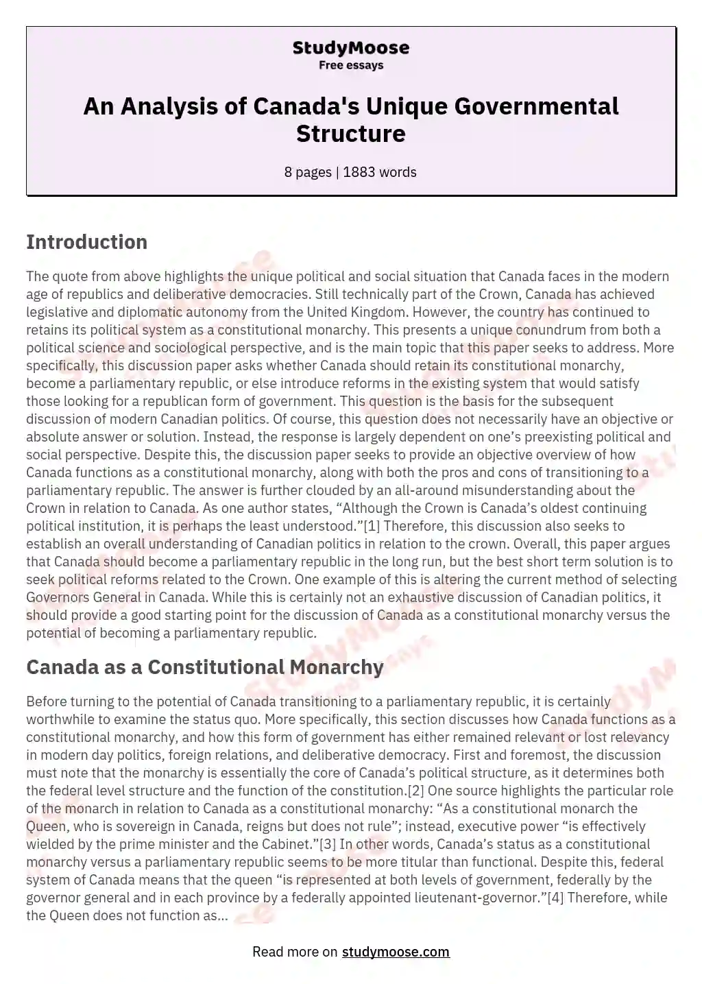 An Analysis of Canada's Unique Governmental Structure essay