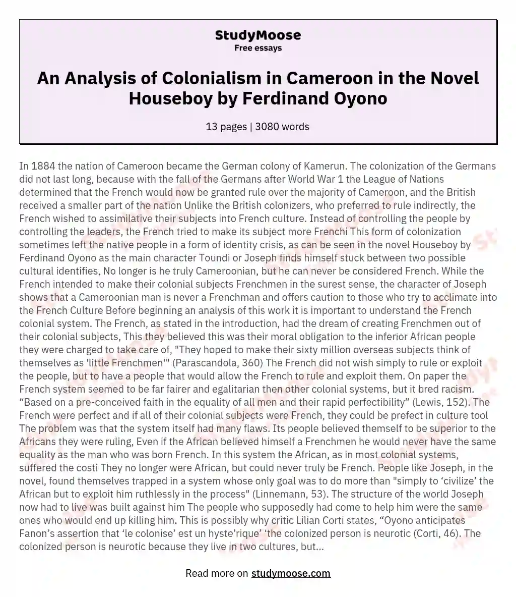 An Analysis of Colonialism in Cameroon in the Novel Houseboy by Ferdinand Oyono essay