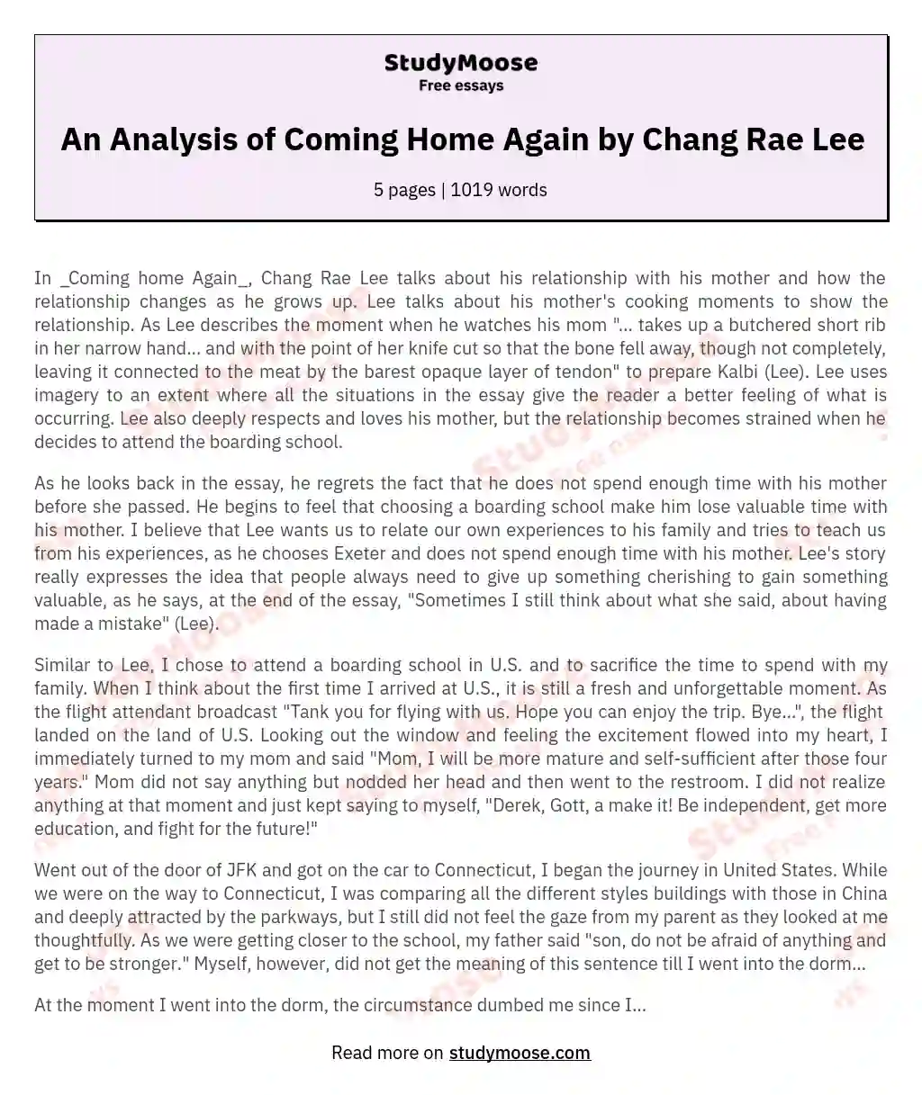 An Analysis of Coming Home Again by Chang Rae Lee essay