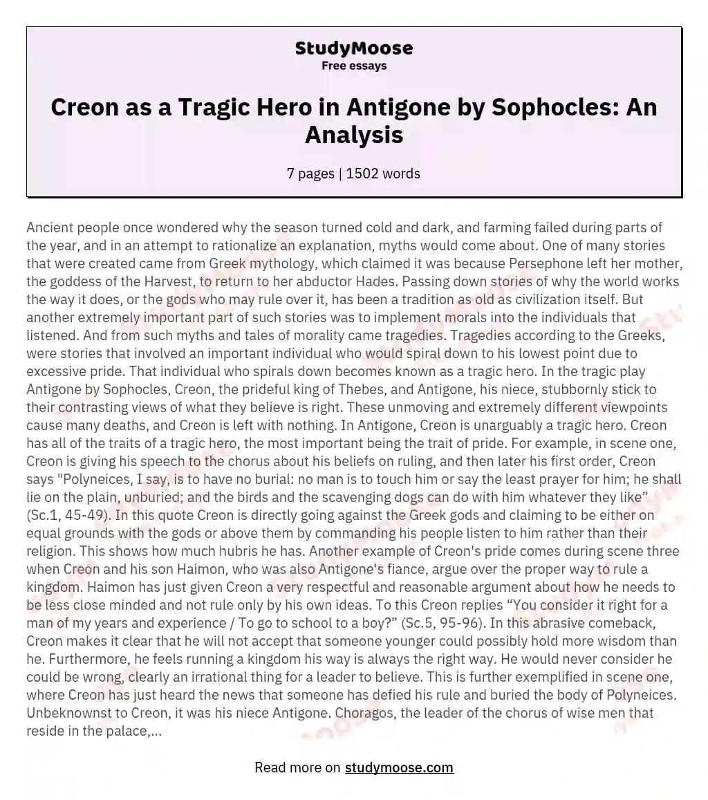 Creon as a Tragic Hero in Antigone by Sophocles: An Analysis essay