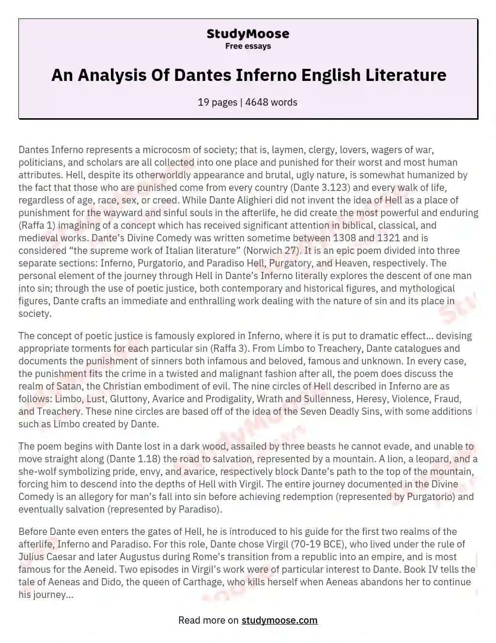 An Analysis Of Dantes Inferno English Literature essay