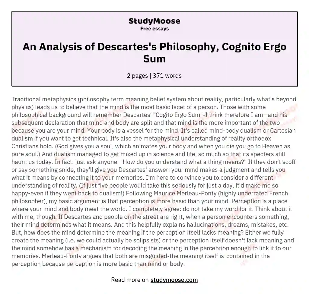 An Analysis of Descartes's Philosophy, Cognito Ergo Sum essay
