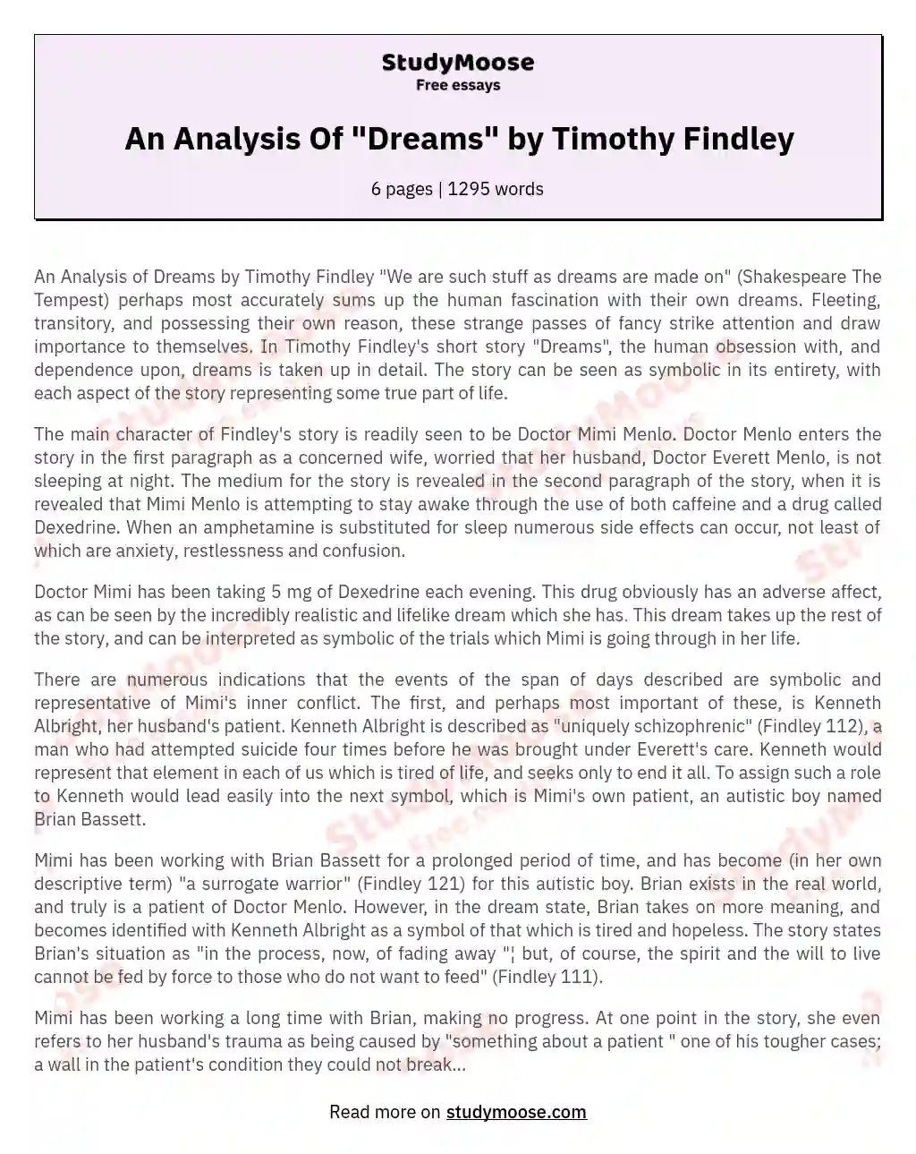 Dream Realities and Human Struggles in Findley's "Dream" essay