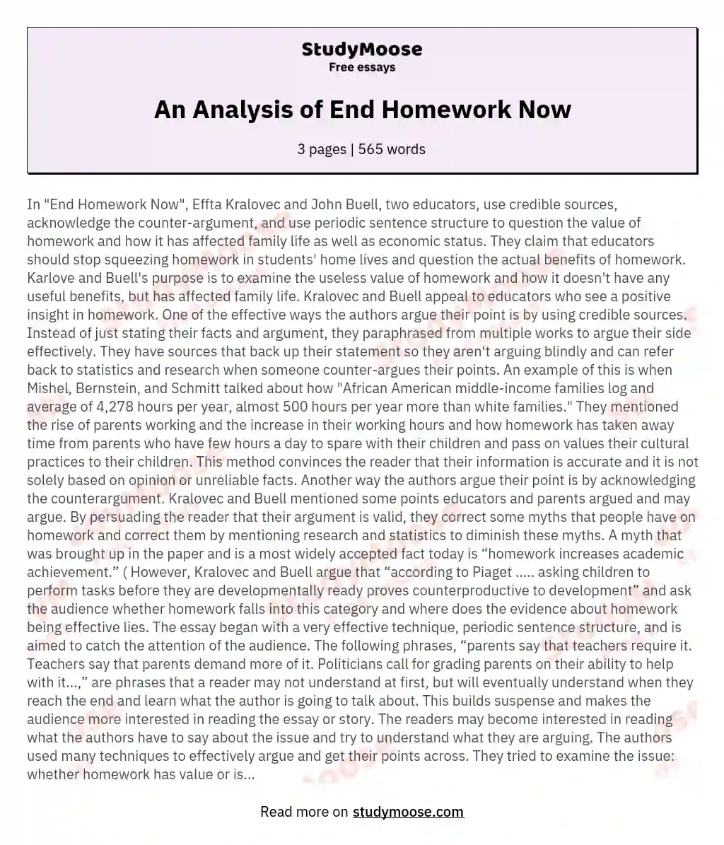An Analysis of End Homework Now essay