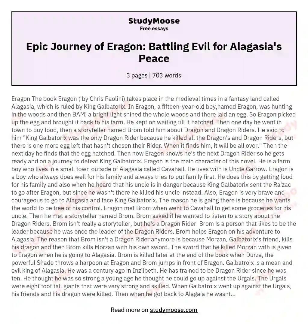 Epic Journey of Eragon: Battling Evil for Alagasia's Peace essay