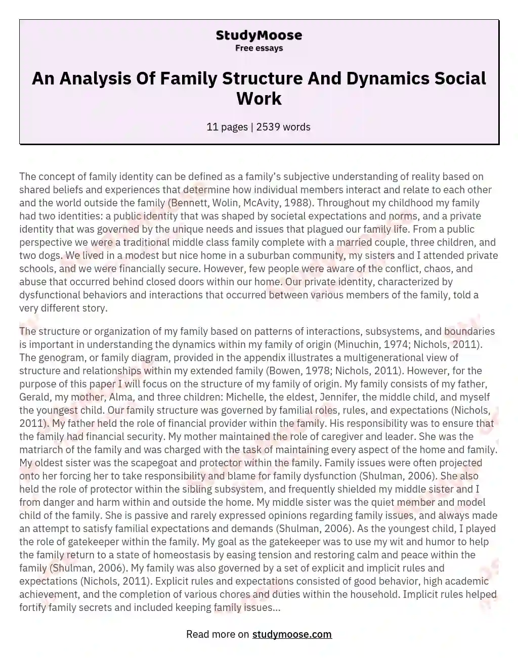 An Analysis Of Family Structure And Dynamics Social Work essay