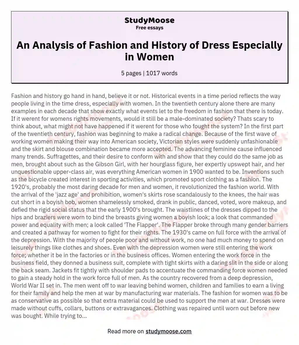 An Analysis of Fashion and History of Dress Especially in Women essay