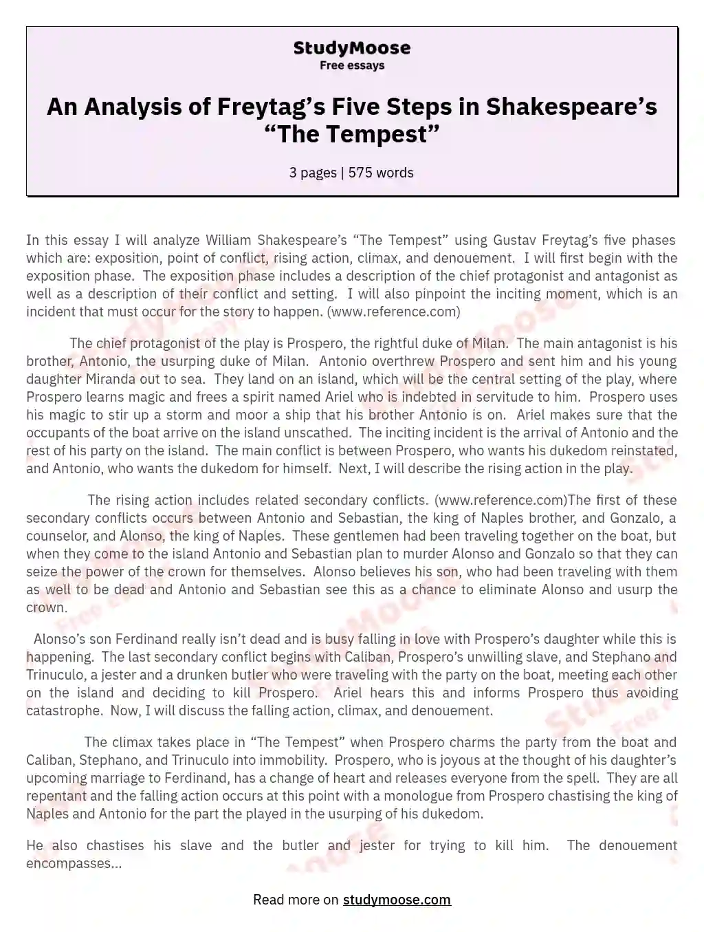 An Analysis of Freytag’s Five Steps in Shakespeare’s “The Tempest”