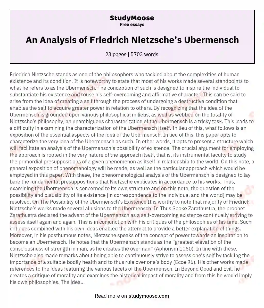 An Analysis of Friedrich Nietzsche’s Ubermensch essay