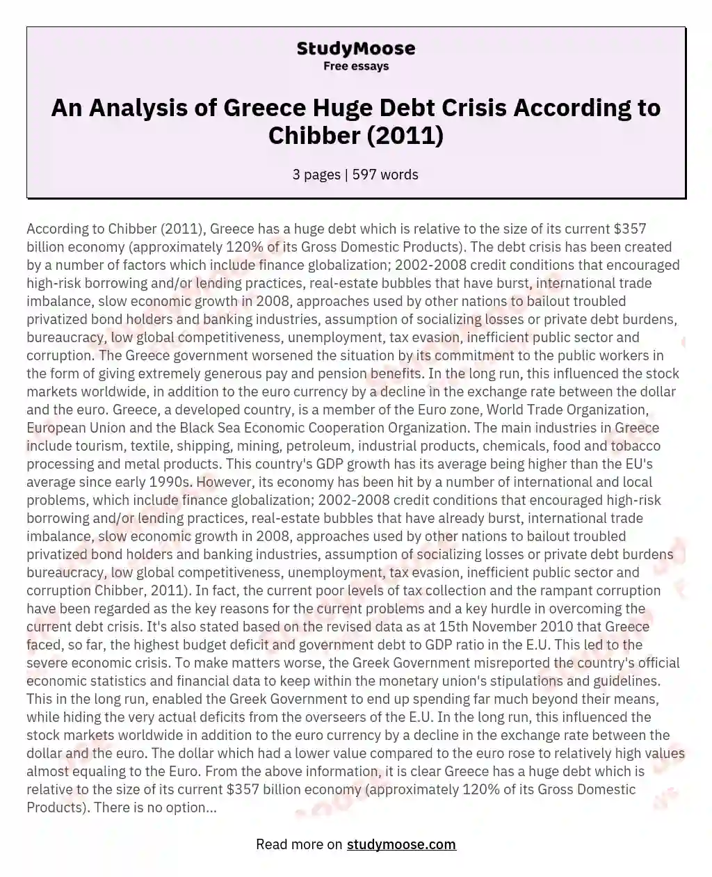 An Analysis of Greece Huge Debt Crisis According to Chibber (2011) essay