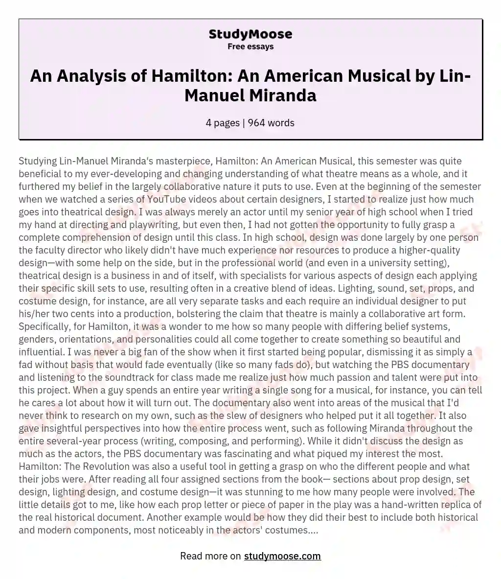 An Analysis of Hamilton: An American Musical by Lin-Manuel Miranda essay