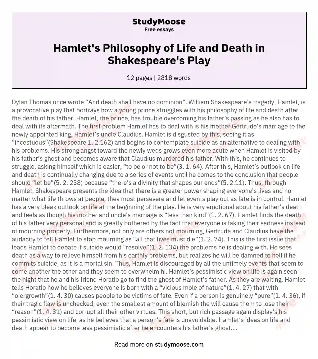 Hamlet's Philosophy of Life and Death in Shakespeare's Play essay
