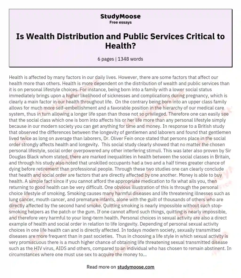 Is Wealth Distribution and Public Services Critical to Health? essay