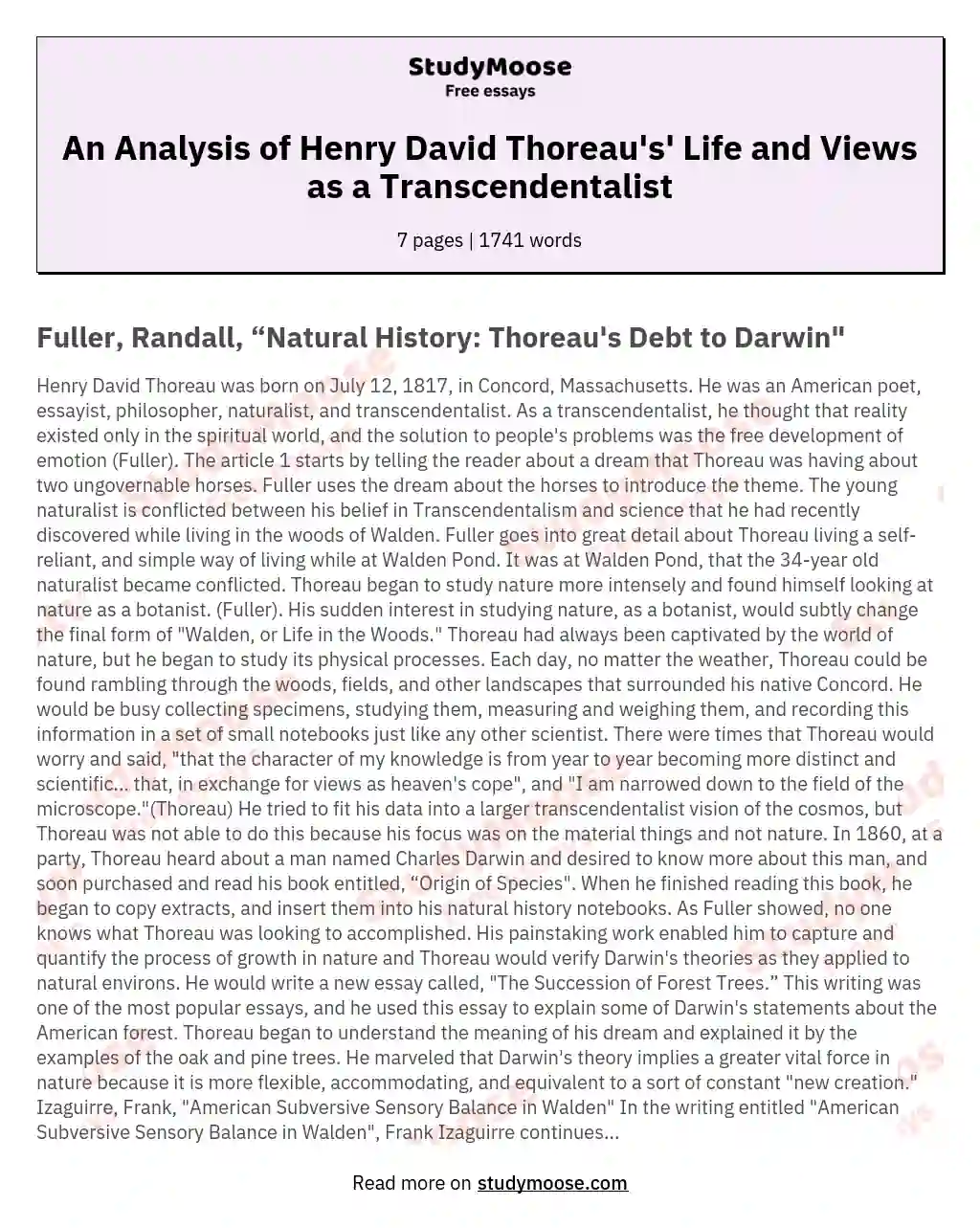 An Analysis of Henry David Thoreau's' Life and Views as a Transcendentalist