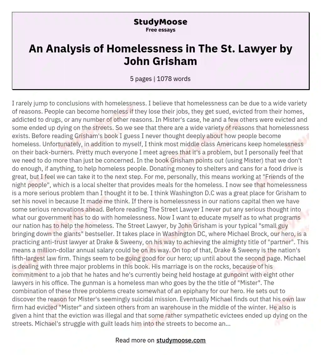 An Analysis of Homelessness in The St. Lawyer by John Grisham essay