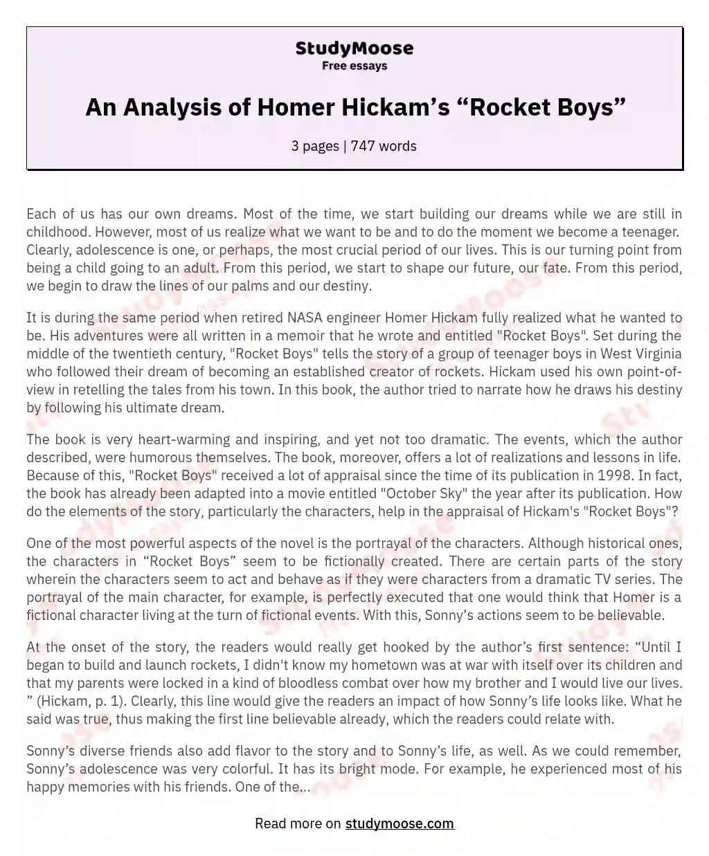 An Analysis of Homer Hickam’s “Rocket Boys”