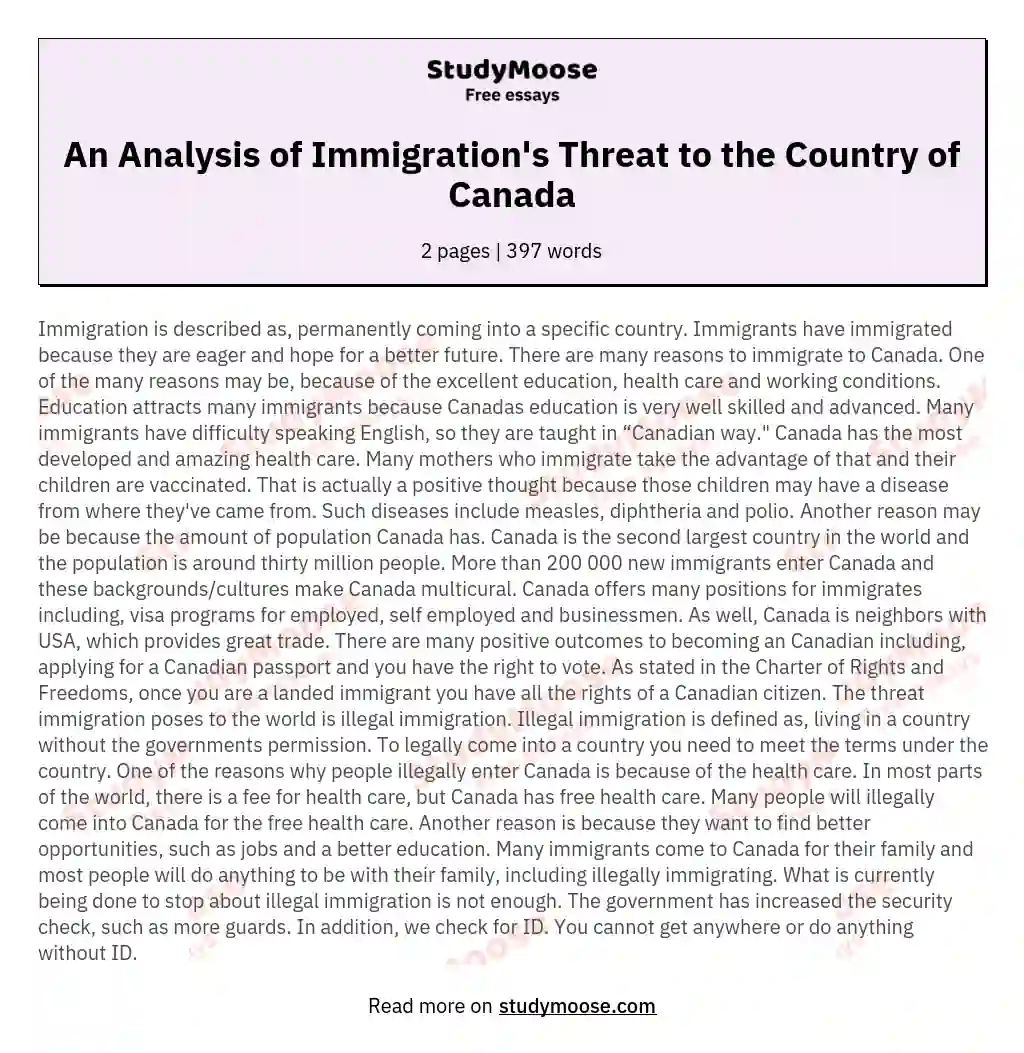 An Analysis of Immigration's Threat to the Country of Canada essay
