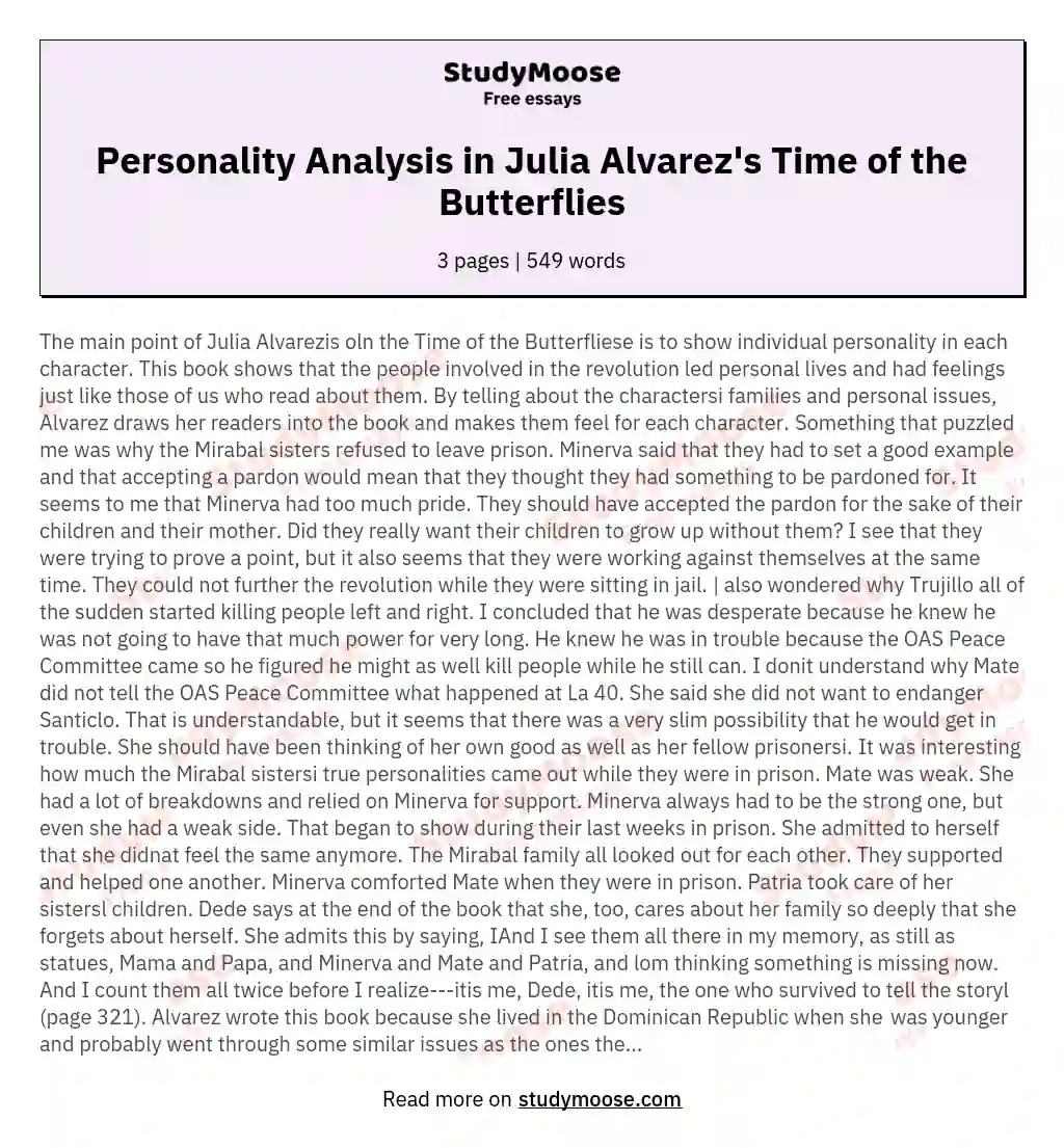 Personality Analysis in Julia Alvarez's Time of the Butterflies essay