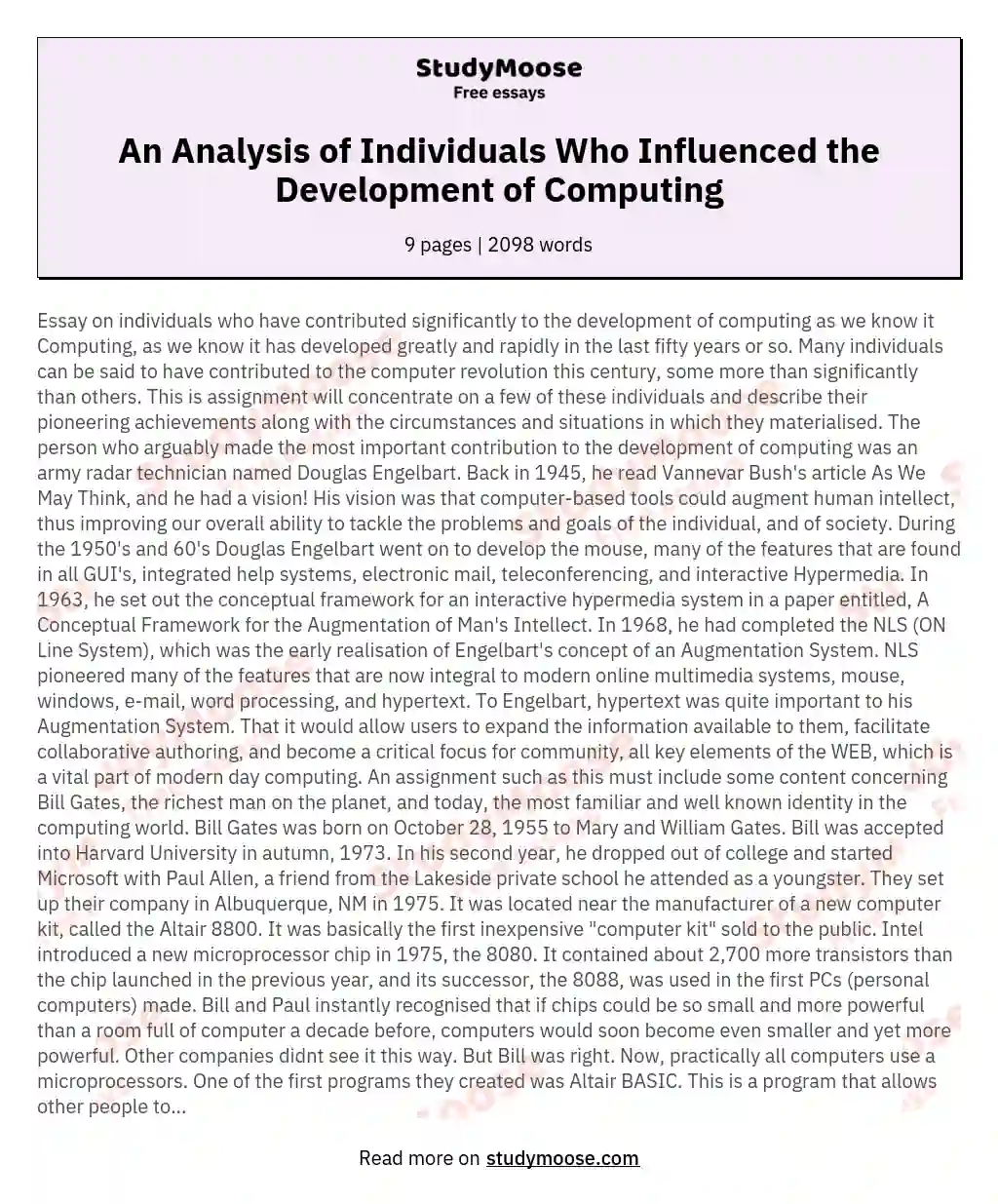 An Analysis of Individuals Who Influenced the Development of Computing essay