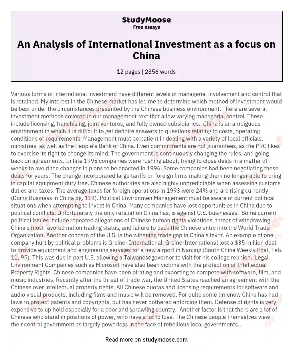 An Analysis of International Investment as a focus on China essay