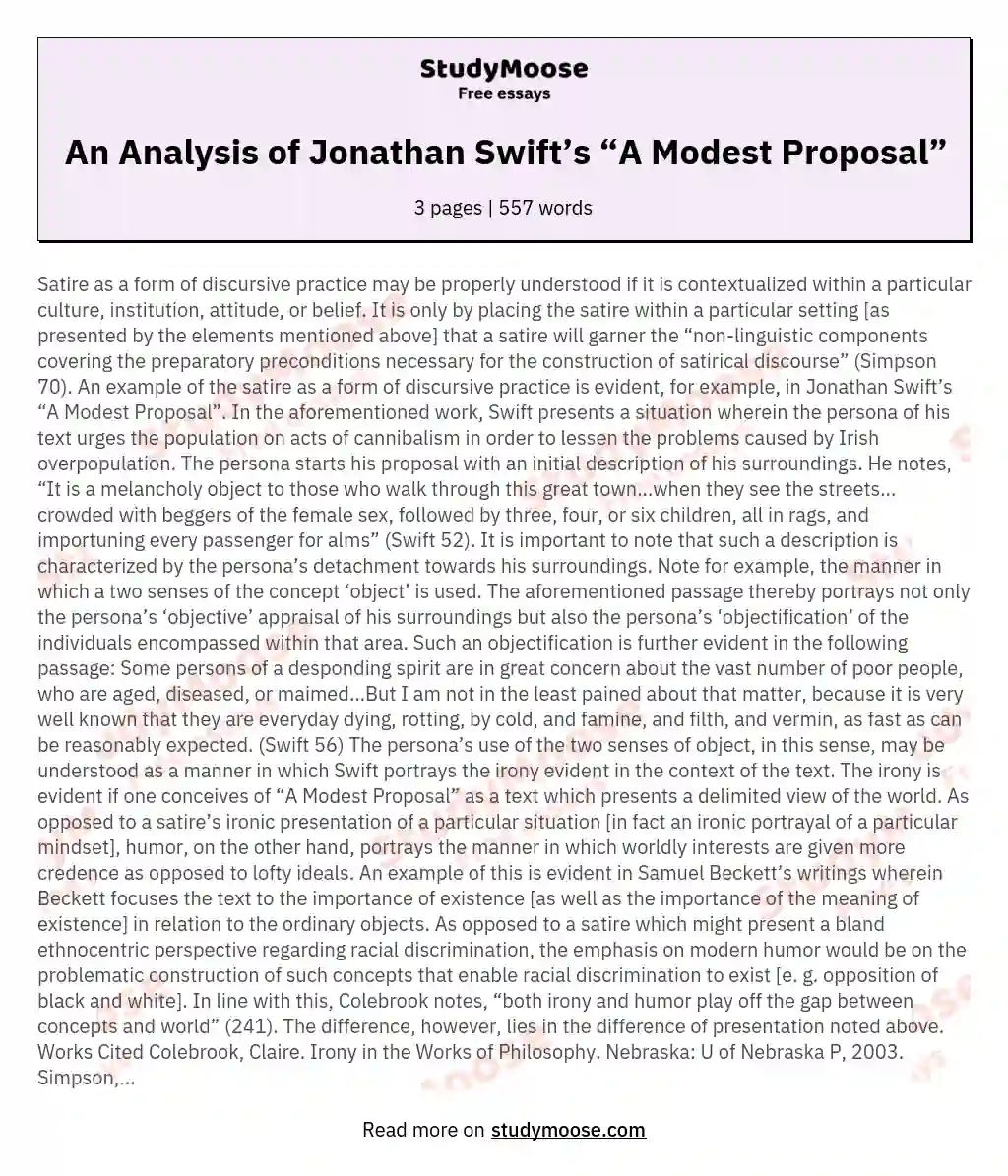 An Analysis of Jonathan Swift’s “A Modest Proposal” essay