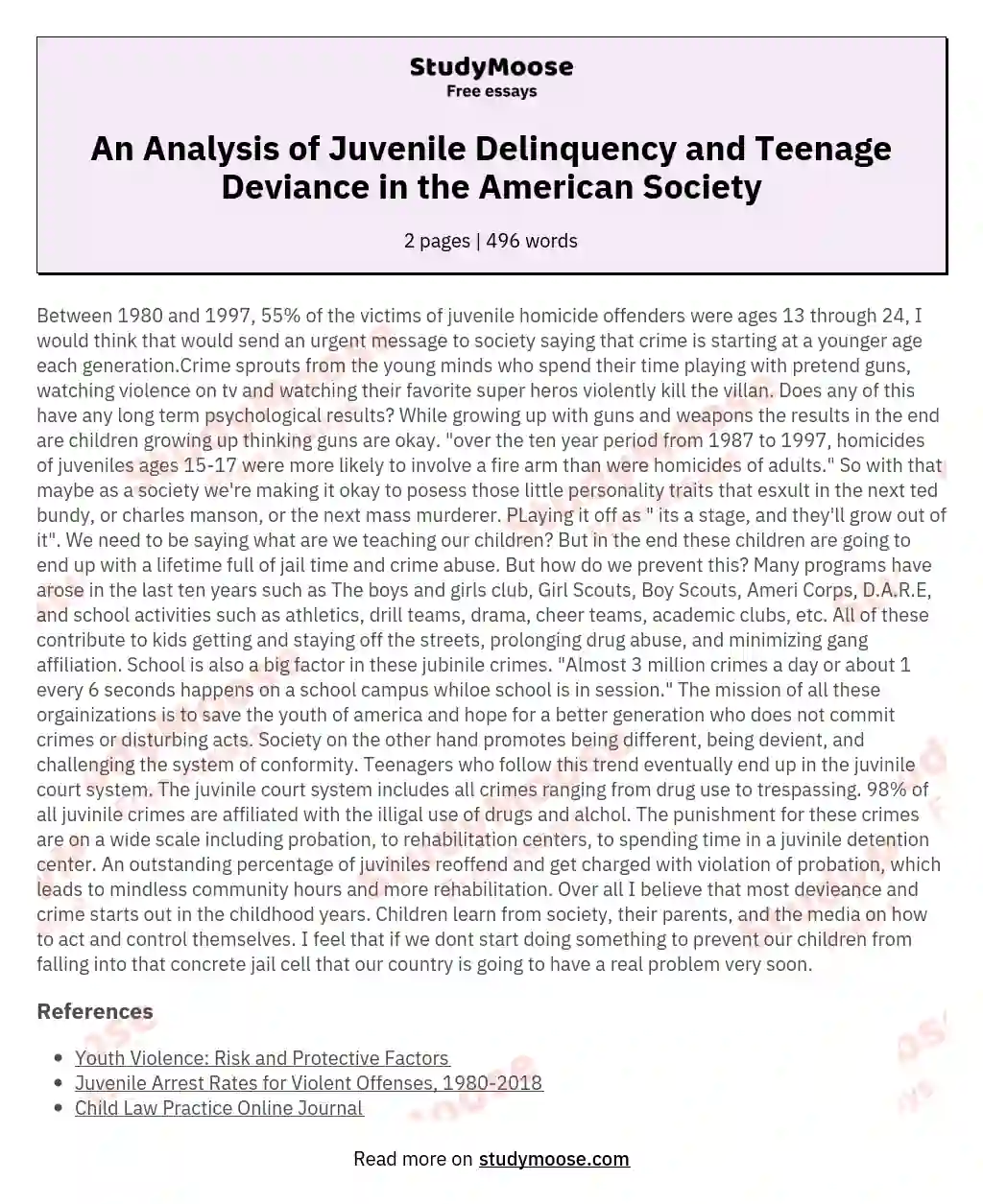 An Analysis of Juvenile Delinquency and Teenage Deviance in the American Society essay