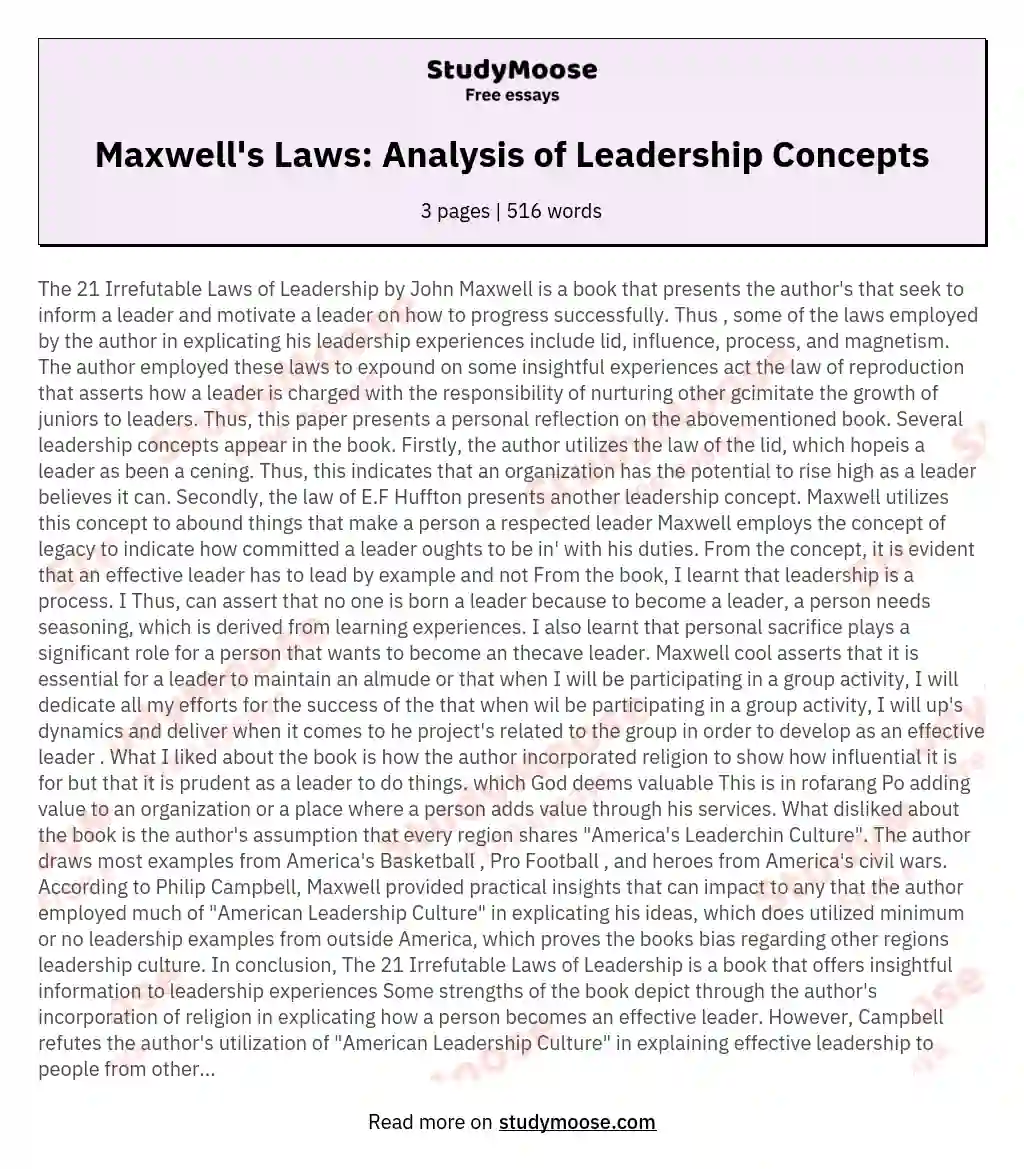 Maxwell's  Laws: Analysis of Leadership Concepts essay