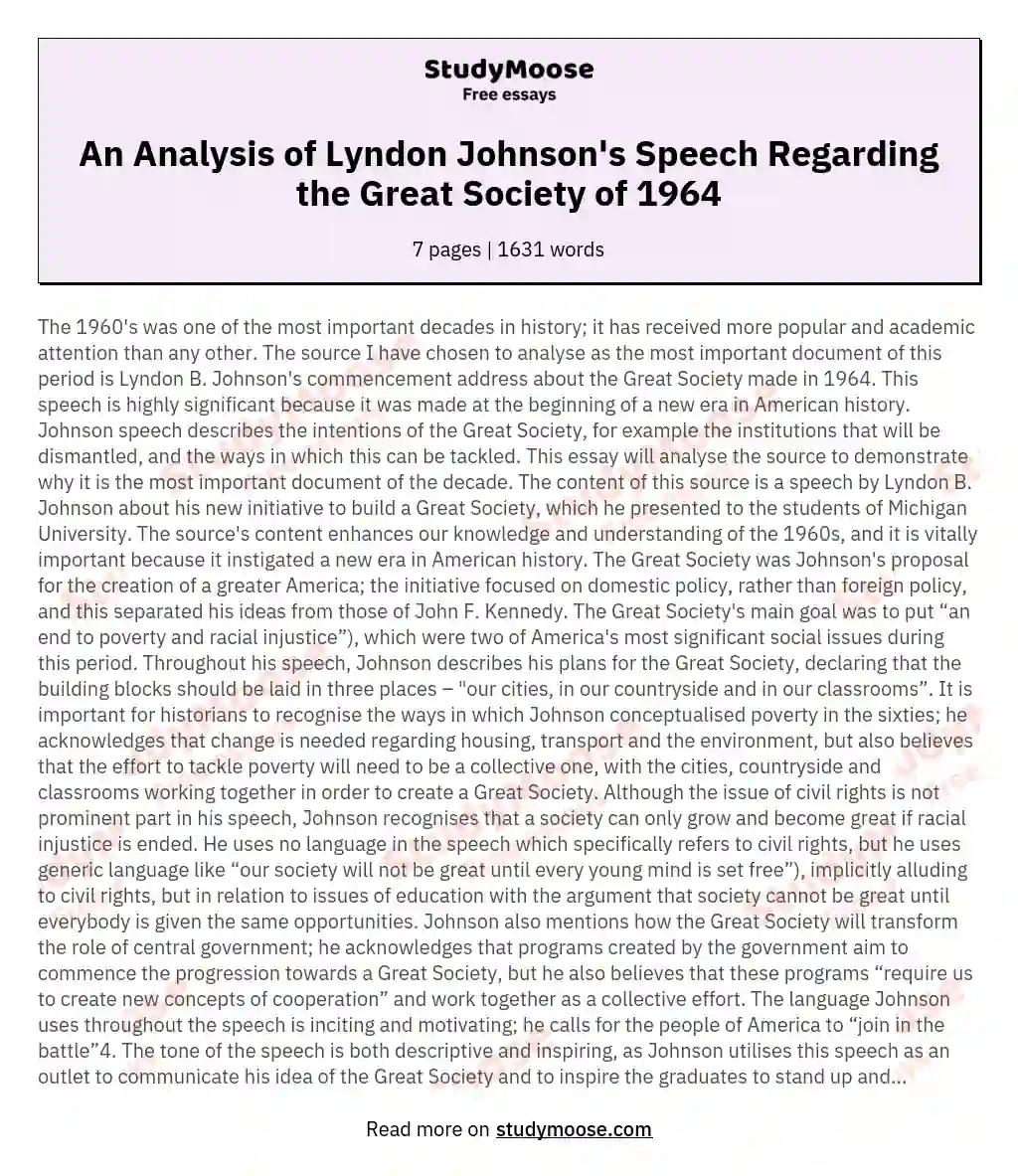 An Analysis of Lyndon Johnson's Speech Regarding the Great Society of 1964 essay