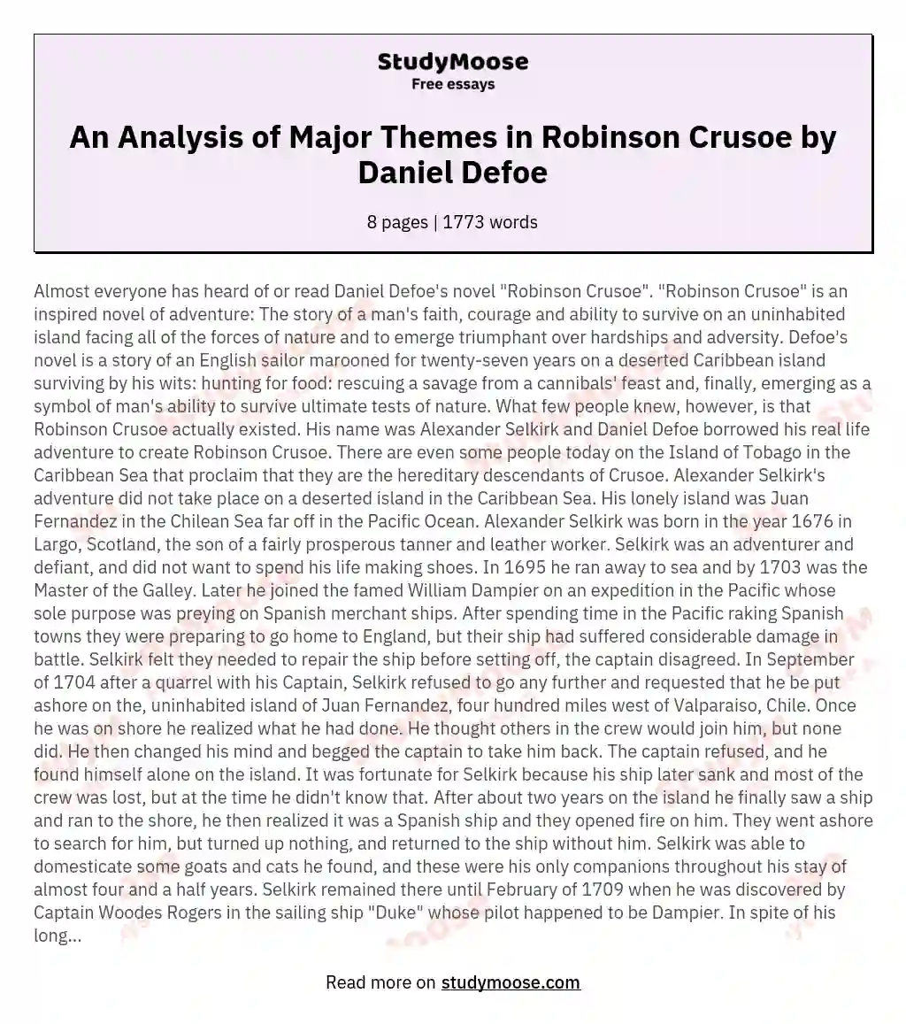 An Analysis of Major Themes in Robinson Crusoe by Daniel Defoe essay