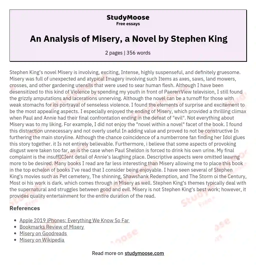 An Analysis of Misery, a Novel by Stephen King essay