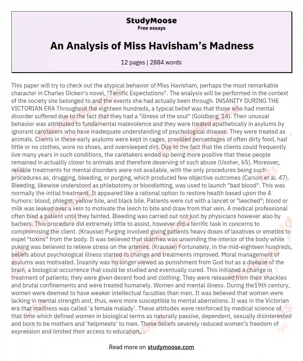 An Analysis of Miss Havisham’s Madness essay