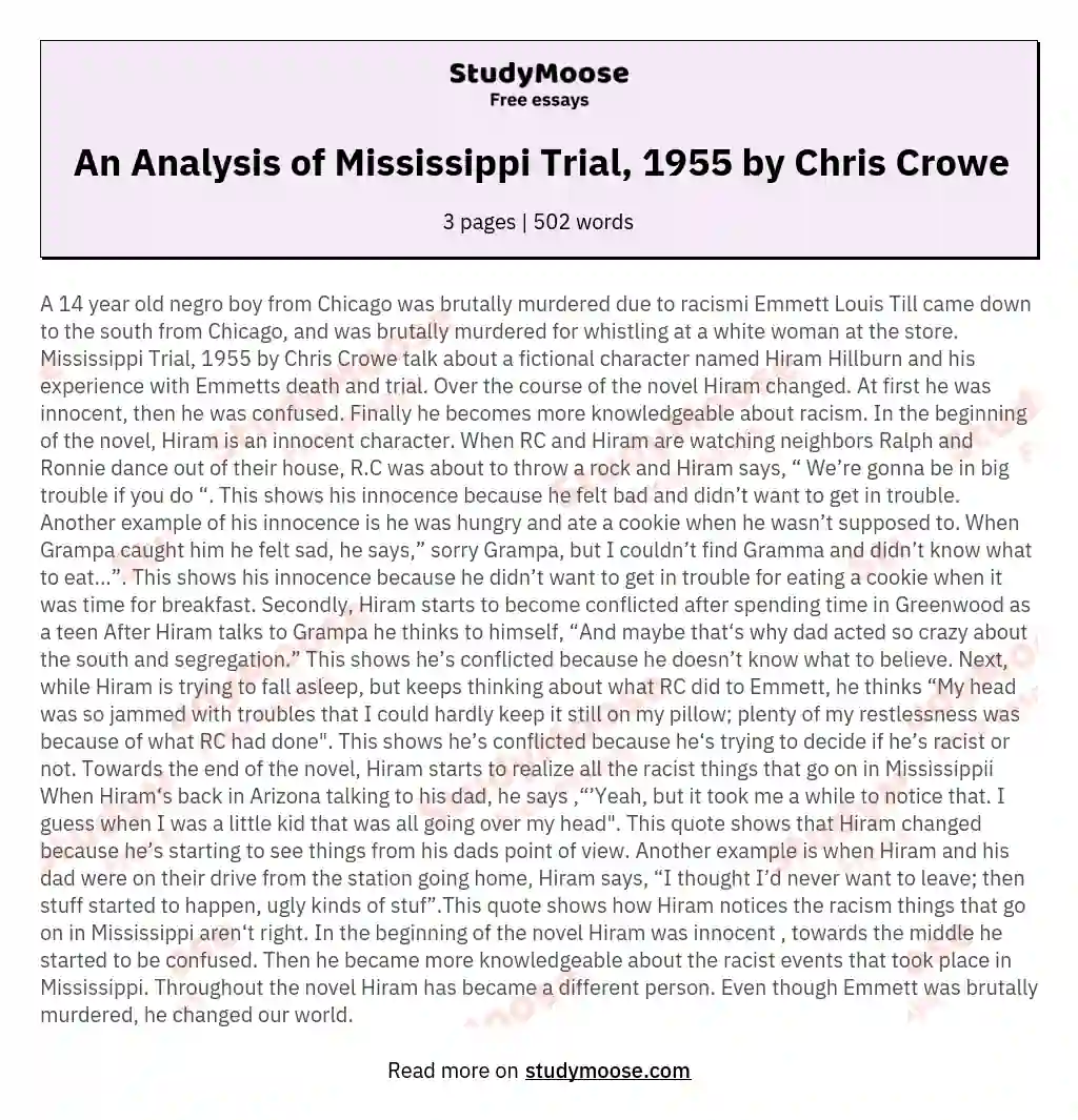 An Analysis of Mississippi Trial, 1955 by Chris Crowe essay