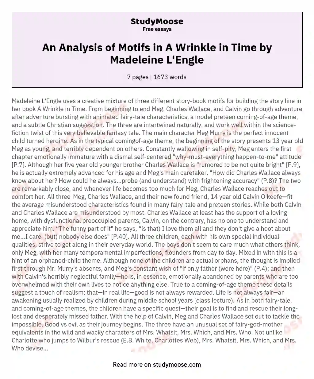 An Analysis of Motifs in A Wrinkle in Time by Madeleine L'Engle essay