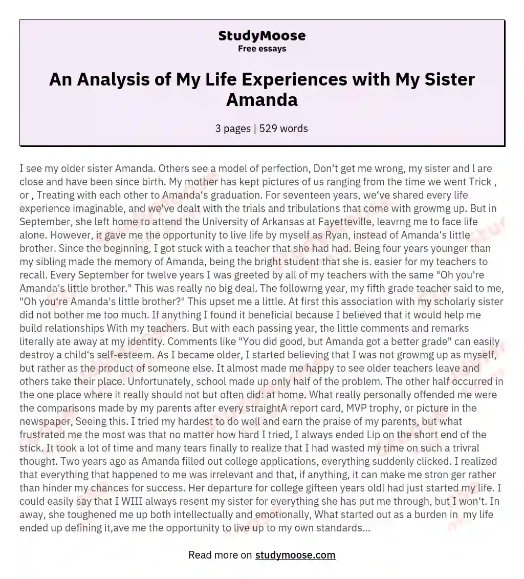An Analysis of My Life Experiences with My Sister Amanda essay