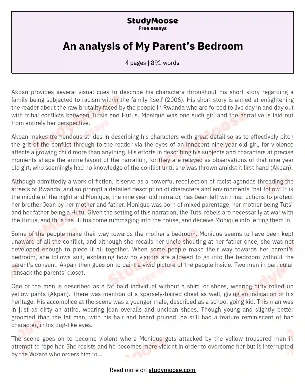 An analysis of My Parent’s Bedroom essay