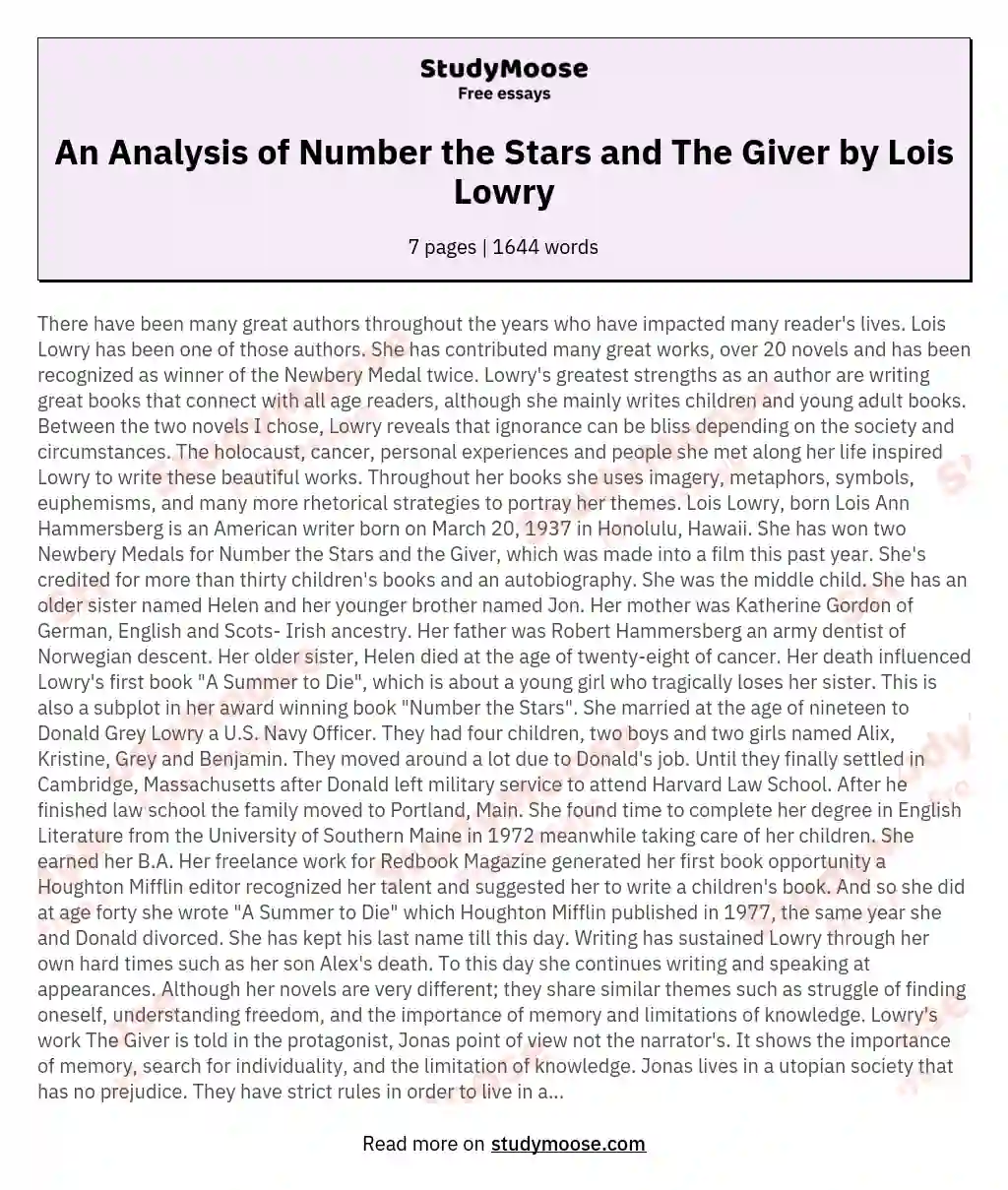 An Analysis of Number the Stars and The Giver by Lois Lowry essay
