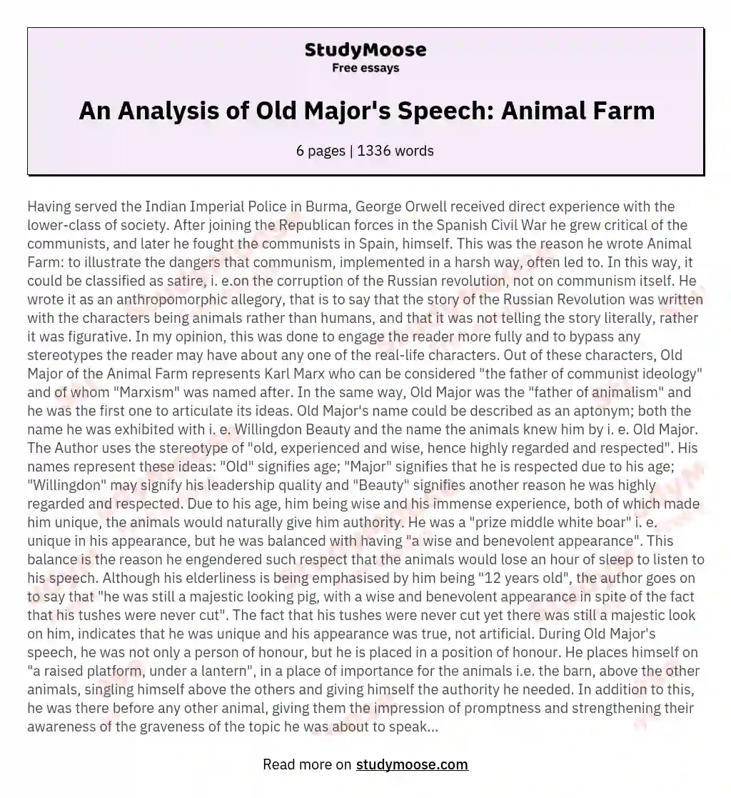 An Analysis of Old Major's Speech: Animal Farm essay